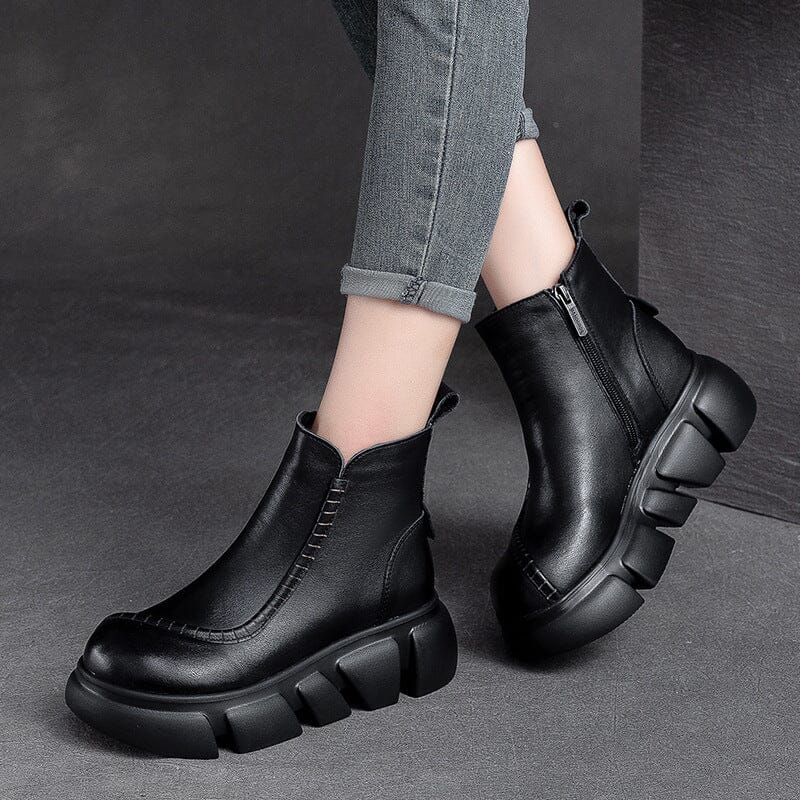 Autumn Retro Leather Chunky Platform Boots