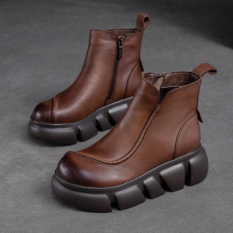 Autumn Retro Leather Chunky Platform Boots