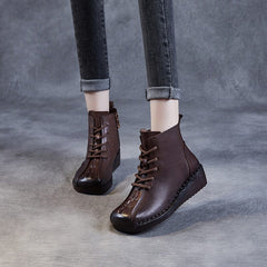 Autumn Retro Leather Low Wedge Casual Boots