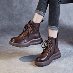 Autumn Retro Leather Patchwork Thick Soled Boots