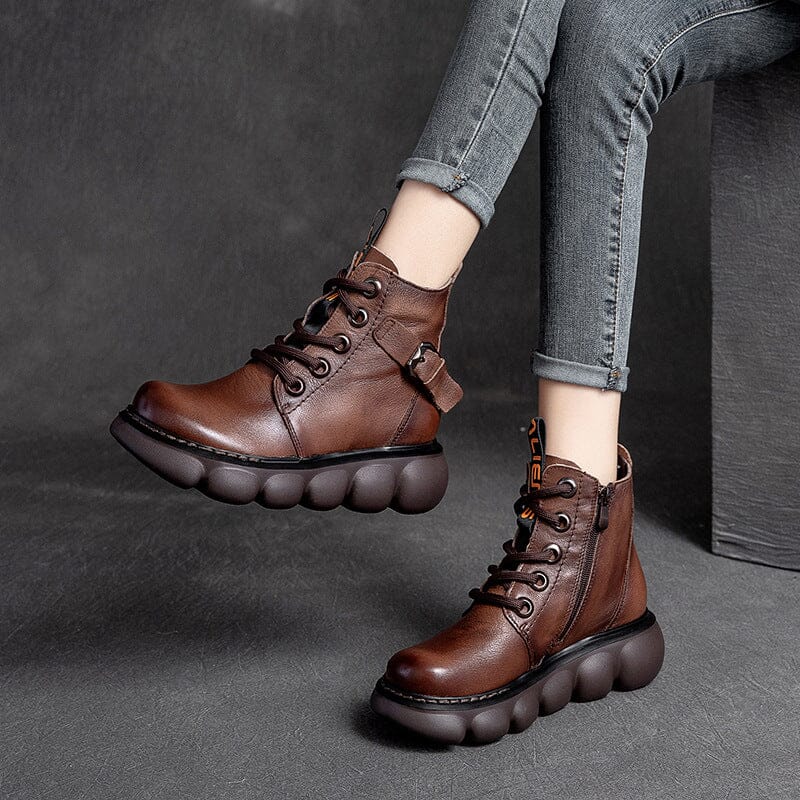 Autumn Retro Leather Platform Boots