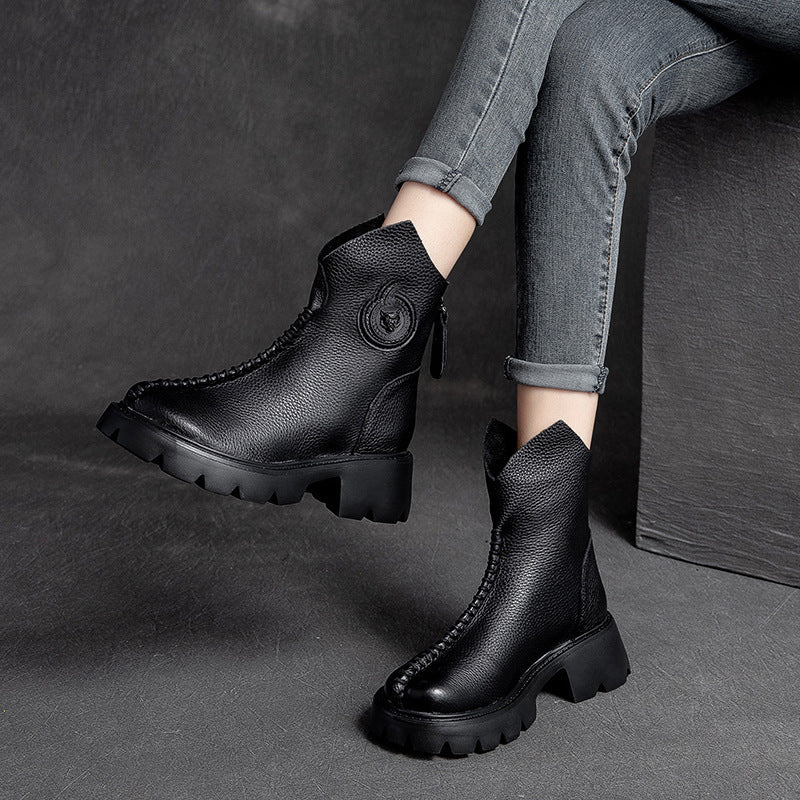 Autumn Retro Leather Thick Sole Boots for Women