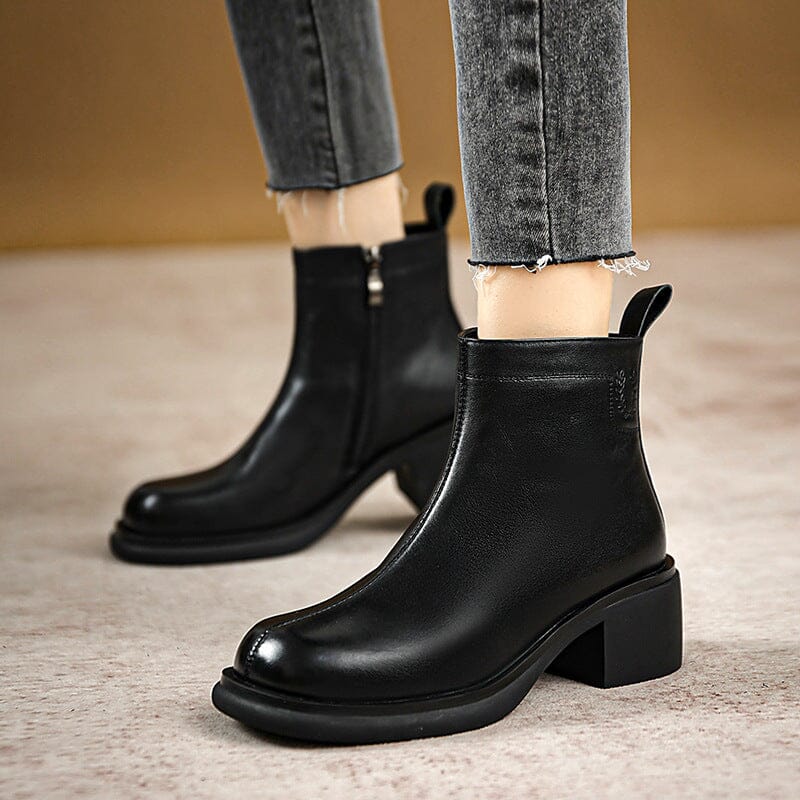 Autumn Retro Minimalist Leather Chunky Heel Boots