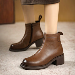 Autumn Retro Minimalist Leather Chunky Heel Boots