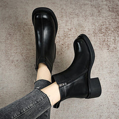 Autumn Retro Minimalist Leather Chunky Heel Boots