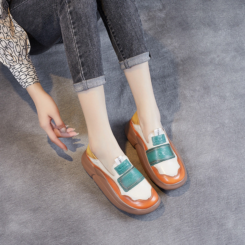 Autumn Retro Patchwork Color Matching Leather Loafers