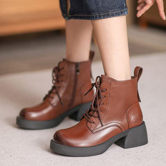 Autumn Retro Patchwork Leather Chunky Heel Boots