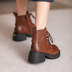 Autumn Retro Patchwork Leather Chunky Heel Boots