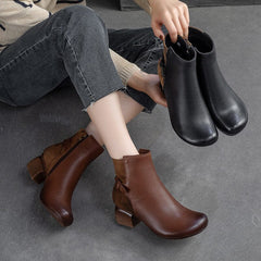 Autumn Retro Patchwork Leather Chunky Heel Boots