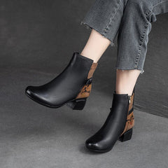 Autumn Retro Patchwork Leather Chunky Heel Boots