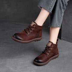 Autumn Retro Patchwork Leather Flat Ankle Boots