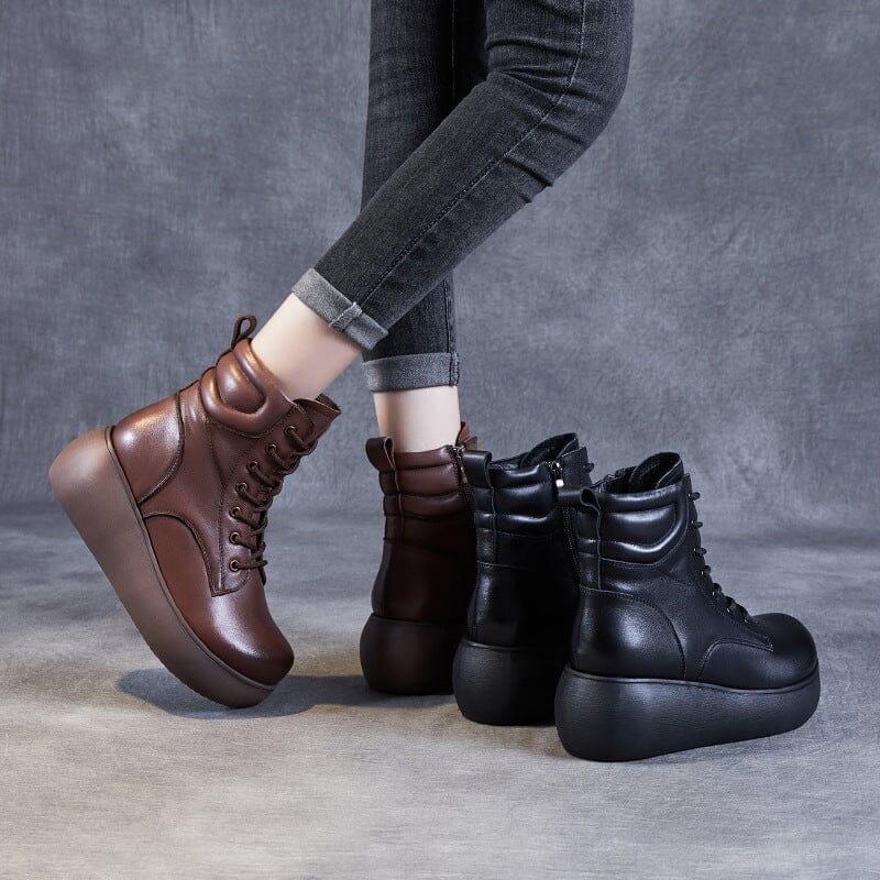 Autumn Retro Patchwork Leather Platform Boots