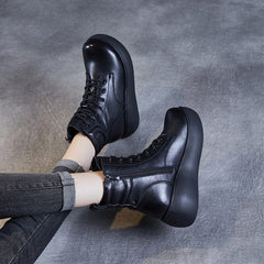 Autumn Retro Patchwork Leather Platform Boots