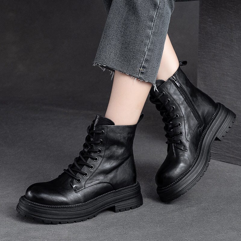 Autumn Retro Pleated Leather Casual Thick Soled Boots