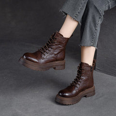 Autumn Retro Pleated Leather Casual Thick Soled Boots