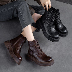 Autumn Retro Pleated Leather Casual Thick Soled Boots