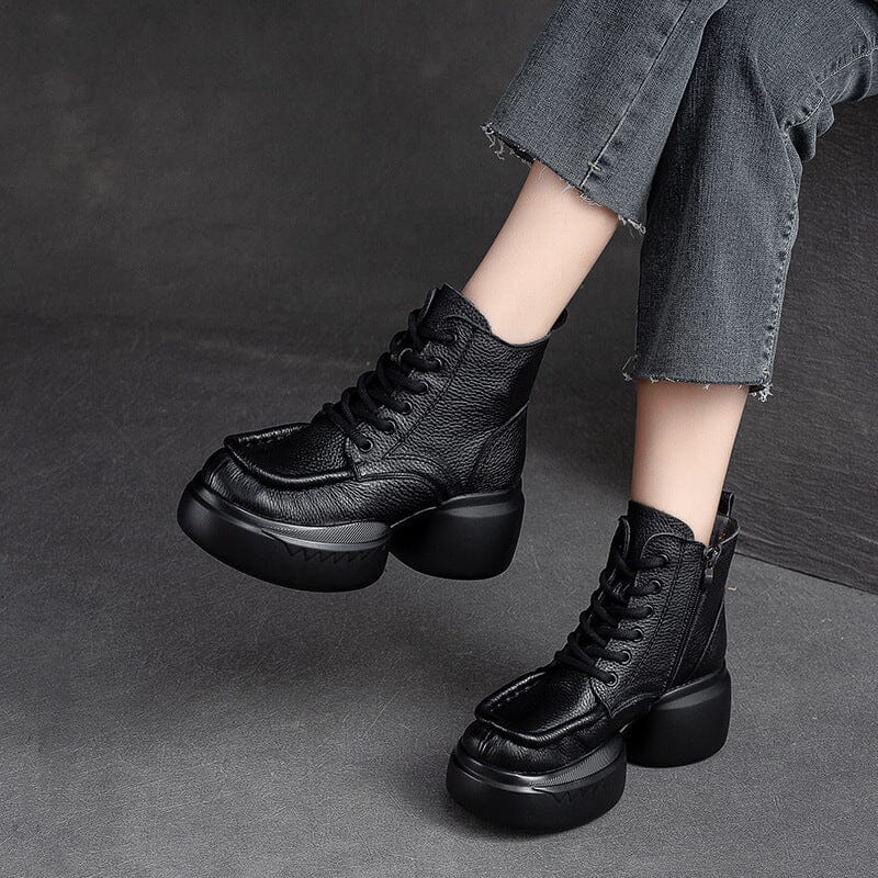 Autumn Retro Solid Leather Chunky Platform Boots