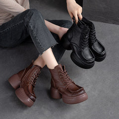 Autumn Retro Solid Leather Chunky Platform Boots