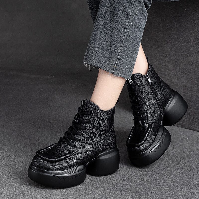 Autumn Retro Solid Leather Chunky Platform Boots