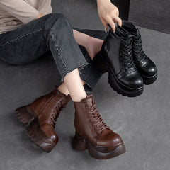 Autumn Retro Solid Leather Chunky Platform Boots