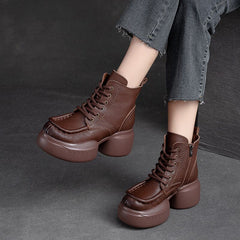 Autumn Retro Solid Leather Chunky Platform Boots