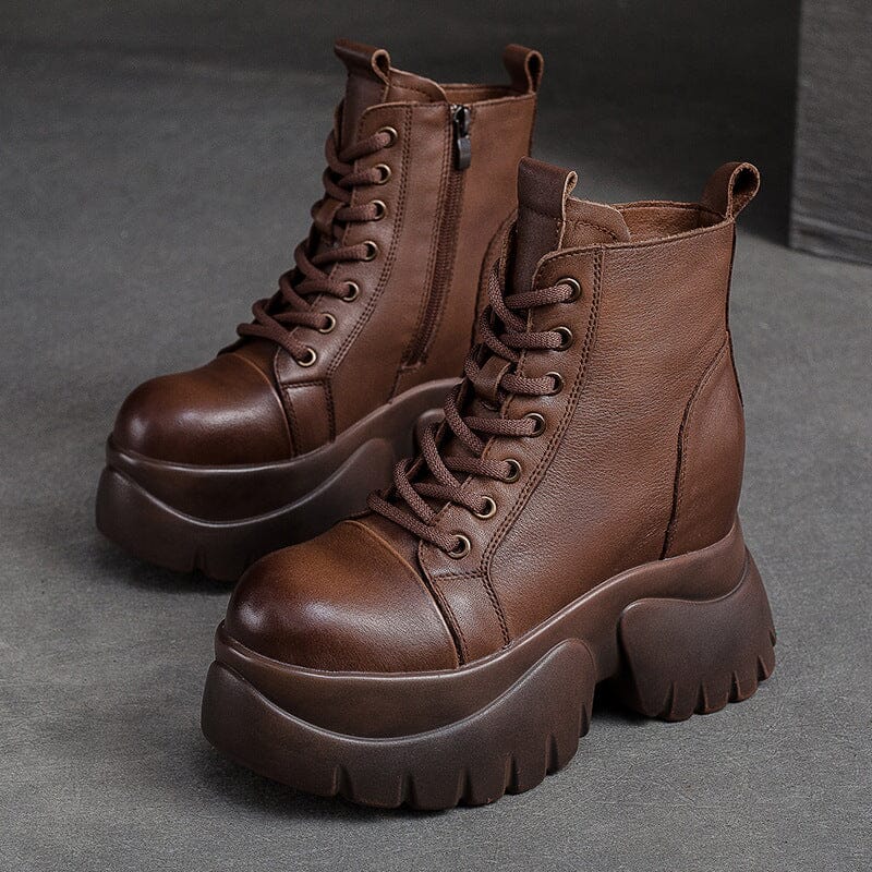 Autumn Retro Solid Leather Chunky Platform Boots