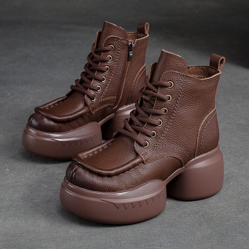 Autumn Retro Solid Leather Chunky Platform Boots