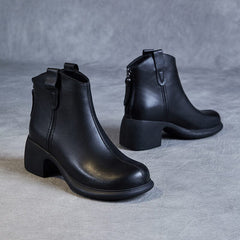 Autumn Retro Solid Minimalist Leather Heel Boots