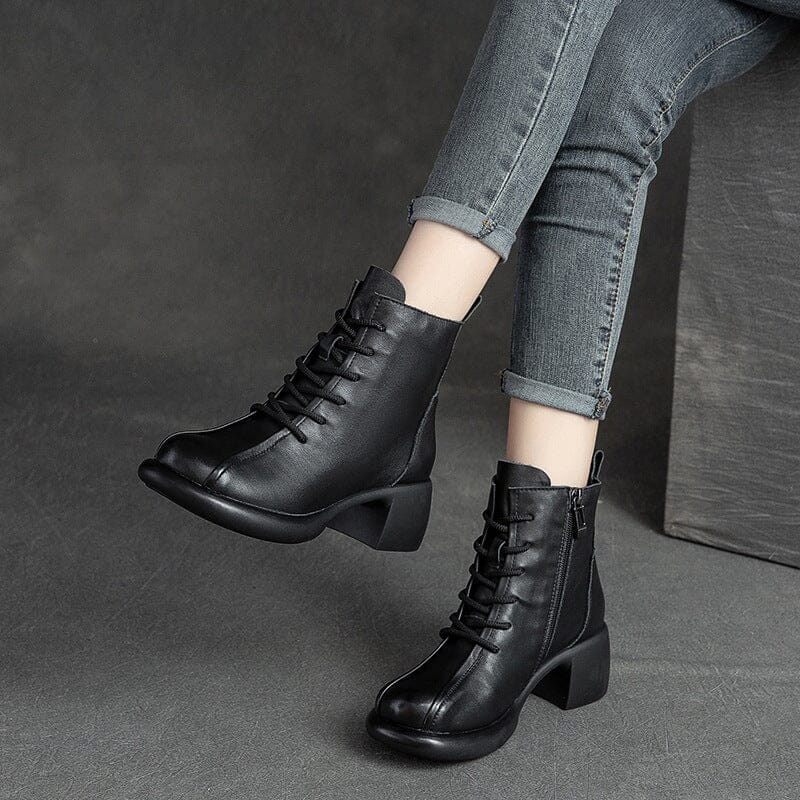 Autumn Winter Leather Retro Chunky Heel Boots