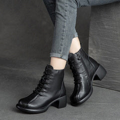 Autumn Winter Leather Retro Chunky Heel Boots