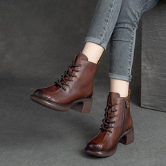 Autumn Winter Leather Retro Chunky Heel Boots