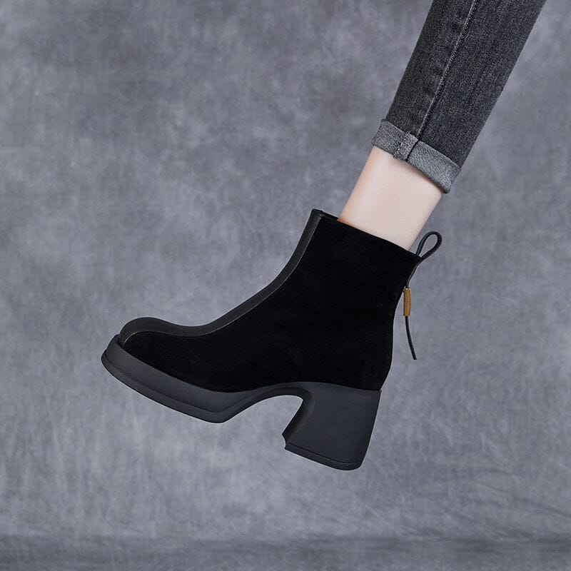 Autumn Winter Patchwork Leather Chunky Heel Boots