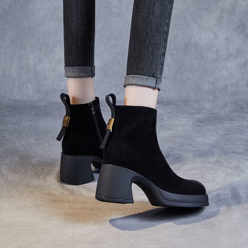 Autumn Winter Patchwork Leather Chunky Heel Boots