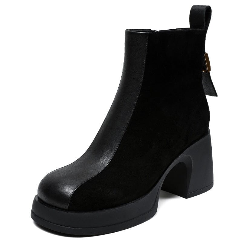 Autumn Winter Patchwork Leather Chunky Heel Boots