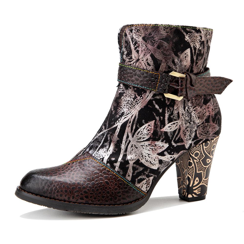 Autumn Winter Retro Floral Printed High Heel Boots