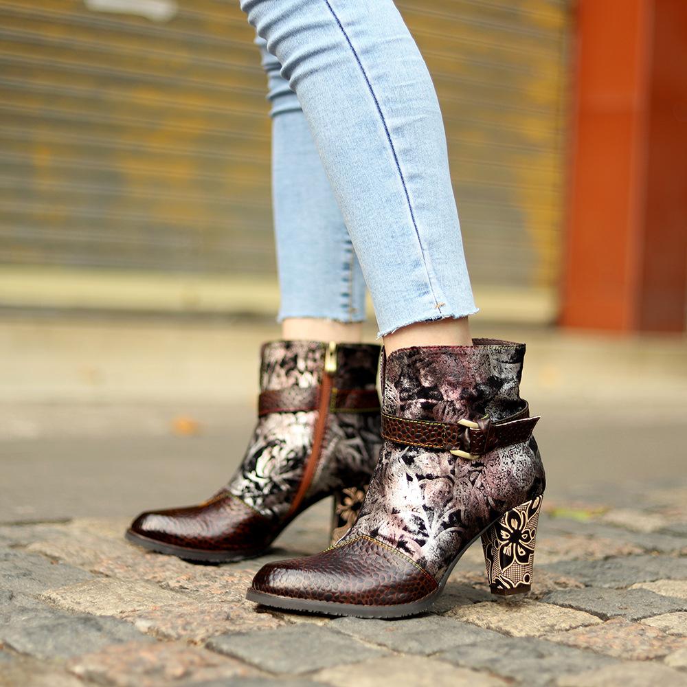 Autumn Winter Retro Floral Printed High Heel Boots