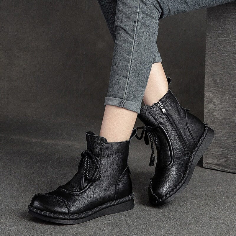 Autumn Winter Retro Leather Flat Soft Boots