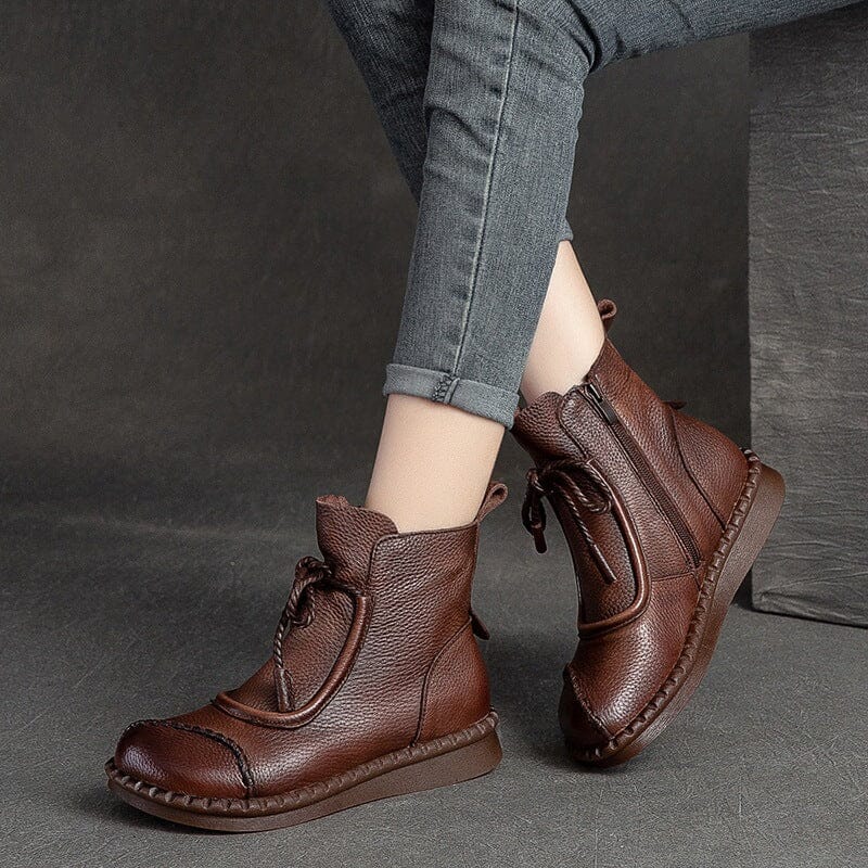 Autumn Winter Retro Leather Flat Soft Boots