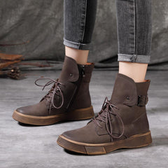 Autumn Winter Retro Leather Flat Warm Boots