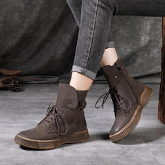 Autumn Winter Retro Leather Flat Warm Boots