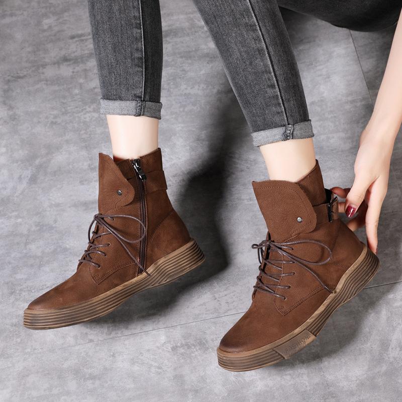 Autumn Winter Retro Leather Flat Warm Boots