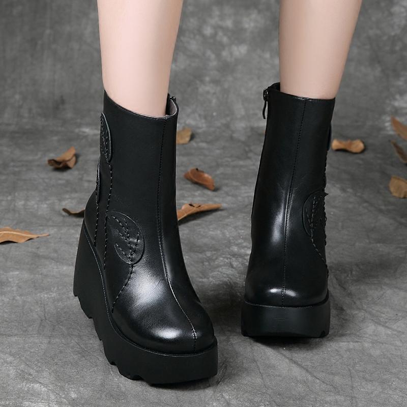 Autumn Winter Retro Leather Wedge Casual Boots