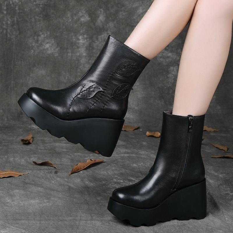 Autumn Winter Retro Leather Wedge Casual Boots