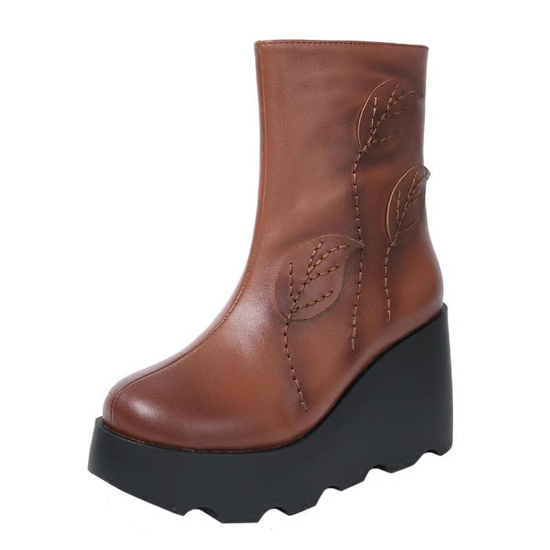 Autumn Winter Retro Leather Wedge Casual Boots