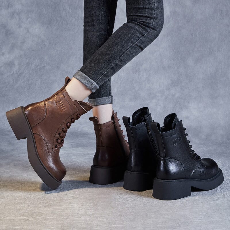 Autumn Winter Retro Minimalist Leather Thick Soled Boots