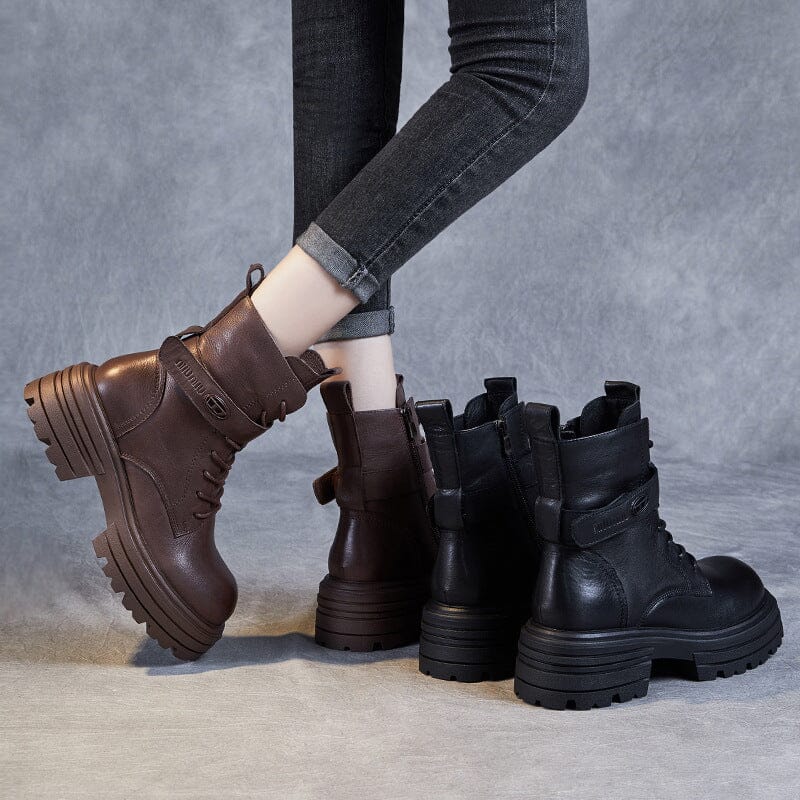 Autumn Winter Retro Patchwork Leather Platform Boots