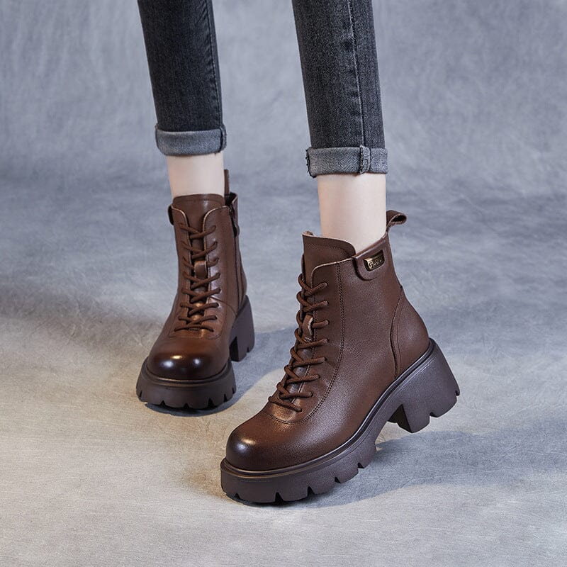 Autumn Winter Retro Solid Leather Chunky Heel Boots