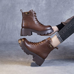 Autumn Winter Retro Solid Leather Chunky Heel Boots