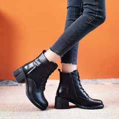 Autumn Winter Solid Leather Casual Low Heel Boots