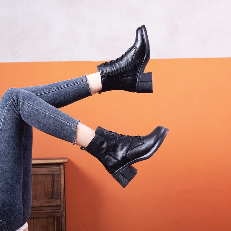 Autumn Winter Solid Leather Casual Low Heel Boots